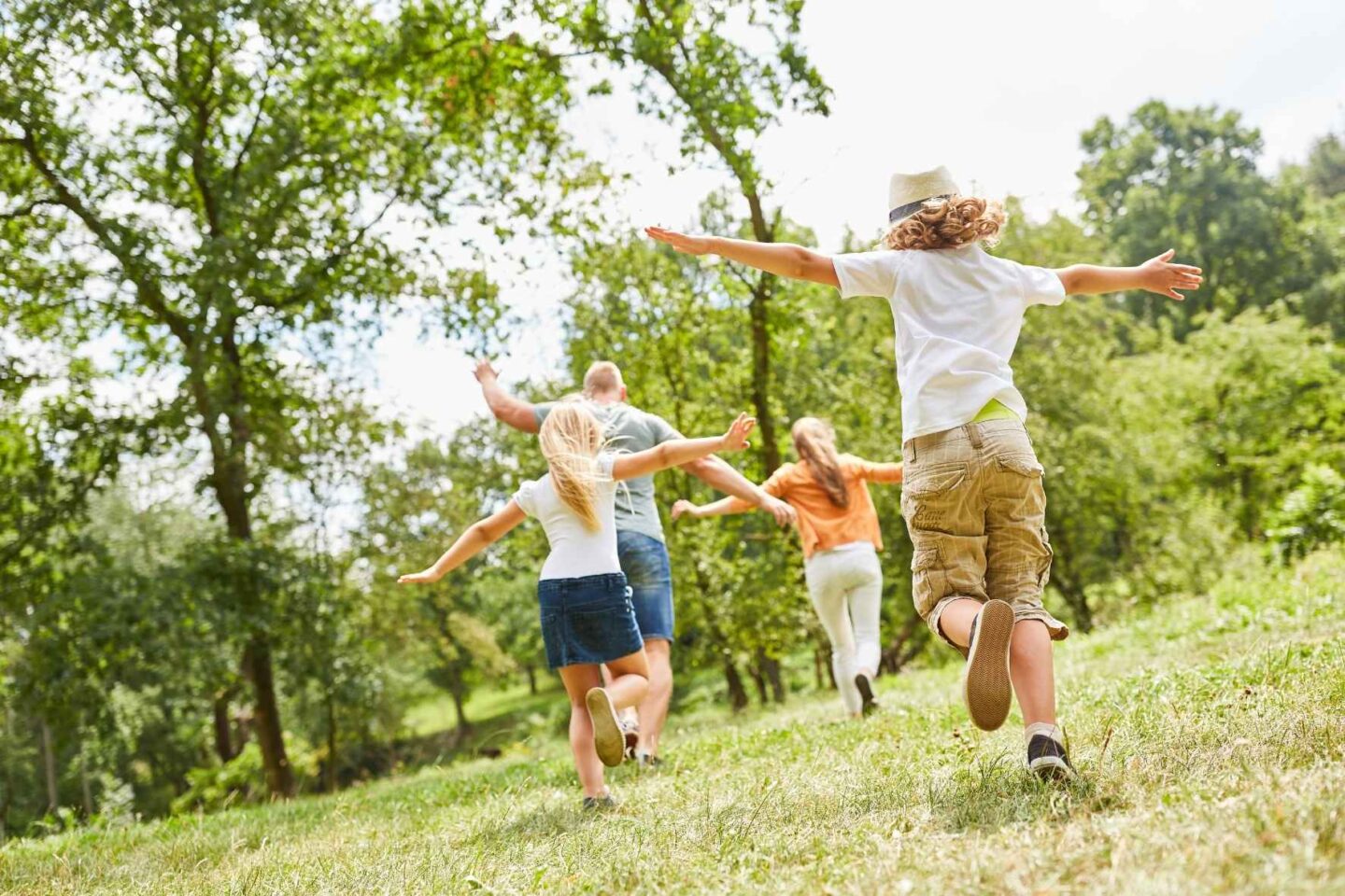 Drei Kinder und ein Erwachsener laufen über eine Wiese und strecken dabei die Arme in die Luft, als ob sie fliegen würden. Alle Personen sind nur von hinten zu sehen,