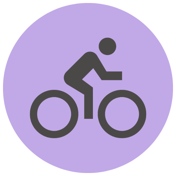 Icon von einem dunkelgrauen Radfahrer auf einem lilafarbenen kreisrunden Hintergrund