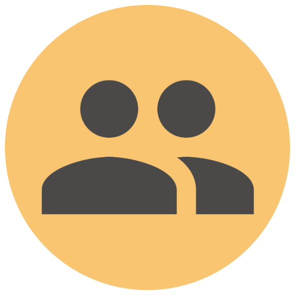 Icon von zwei dunkelgrauen Männchen auf einem orangenen kreisrunden Hintergrund