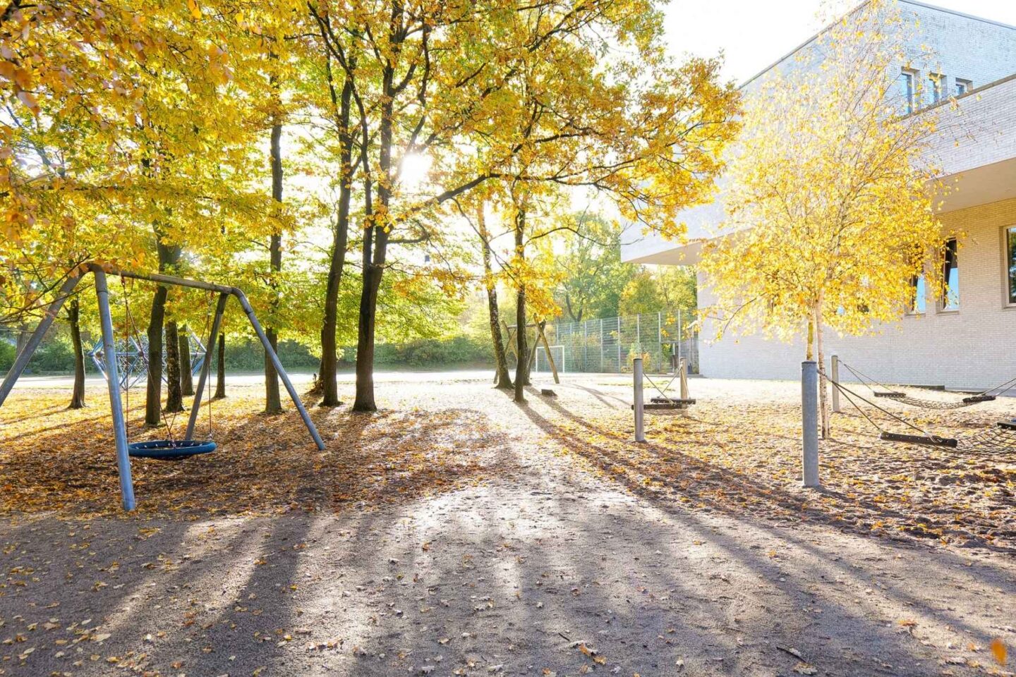 Spielbereich im Außenbereich der Kita Barlsheide mit einer robusten Schaukel und umgeben von herbstlich gefärbten Bäumen.
