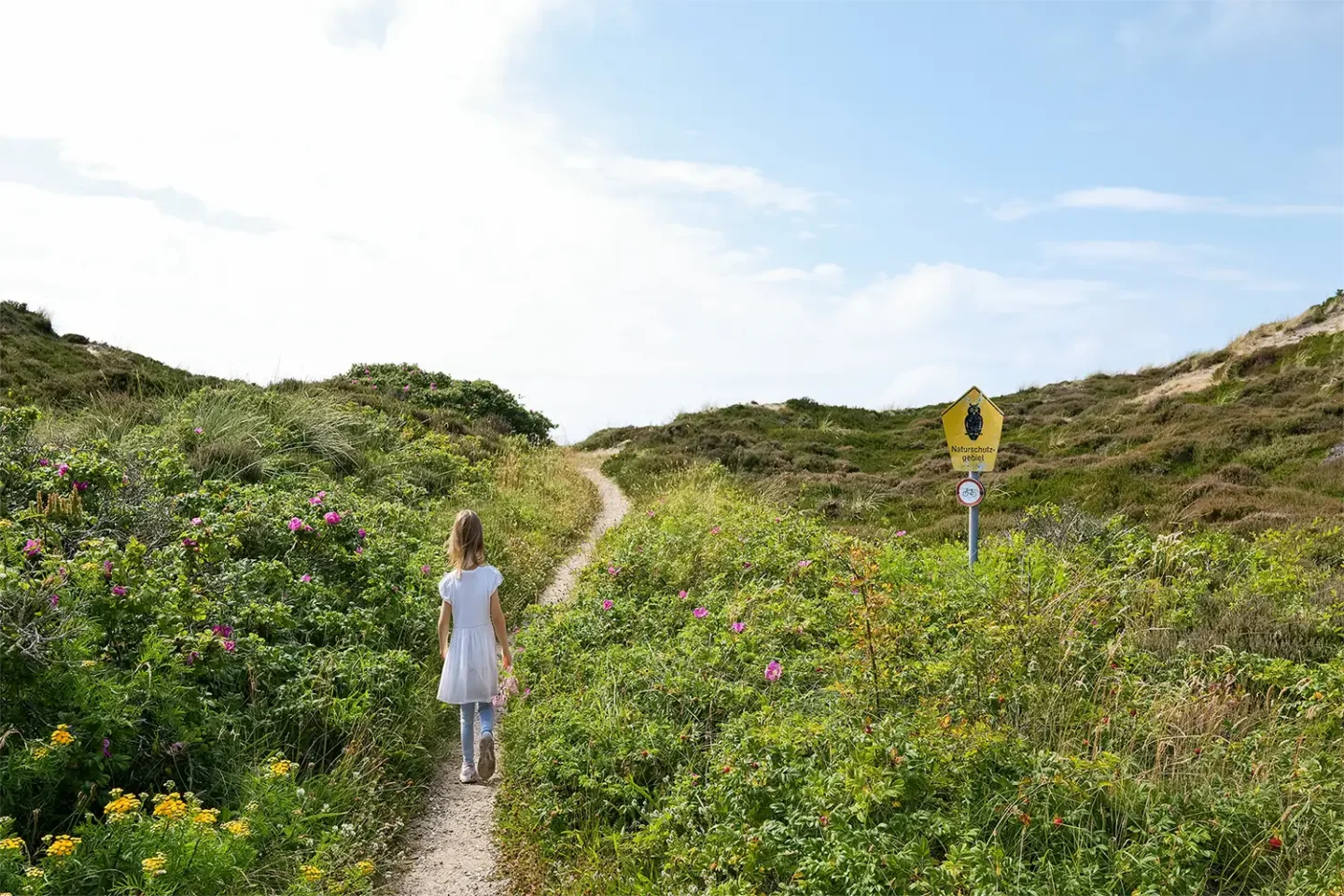Kleines Mädchen läuft durch einen Weg in den Dünen der zum Strand führt.