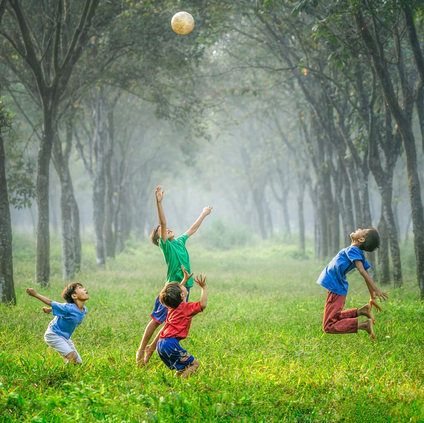 Gruppe von Kindern stehen in einem Wald und springen in die Luft. In der Luft fliegt ein Ball und es regnet.