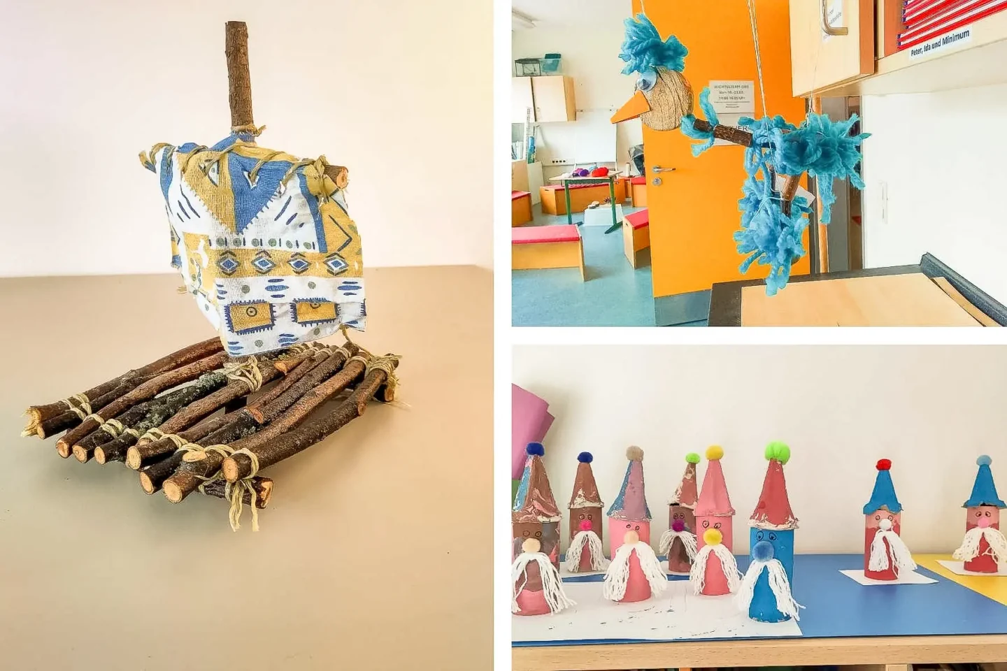 Collage von verschiedenen Upcycling-Projekten (selbstgemachte Flöße, Marionetten und Wichtel)
